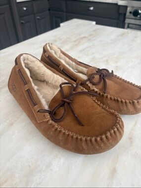 UGG Chestnut Brown Suede Moccasin Slippers with Shearling
